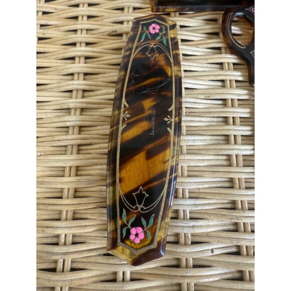 Antique 20's Faux Tortoise Carved Celluloid Painted Flowers Vanity set - Picture 4 of 15